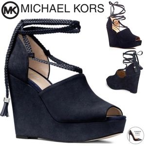 Michael Kors HASTINGS Wedge Lace Up Platform Sandals Admiral Dark Navy Suede